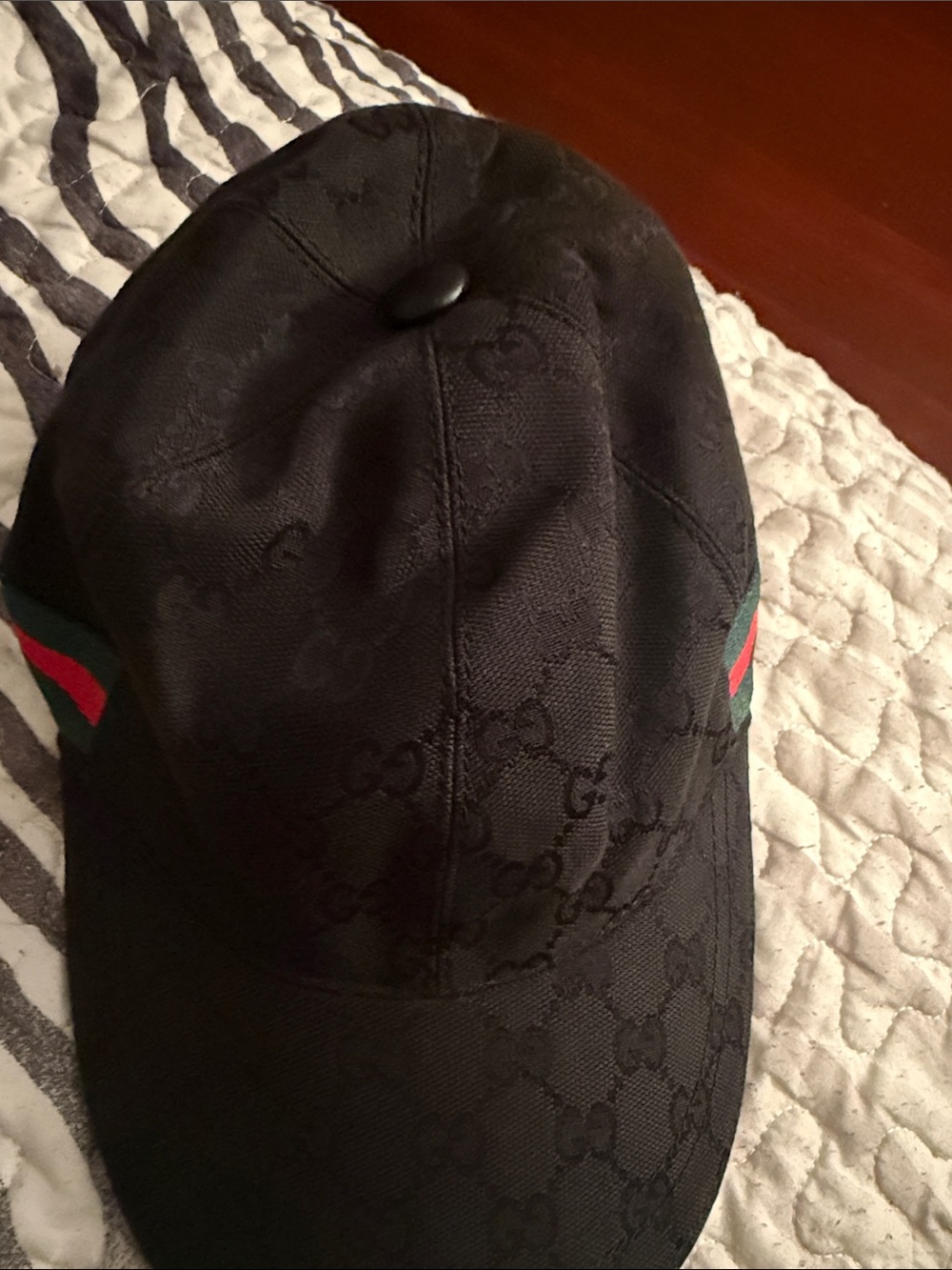 Gucci Black GG Monogram Cap with Green and Red Web Stripe